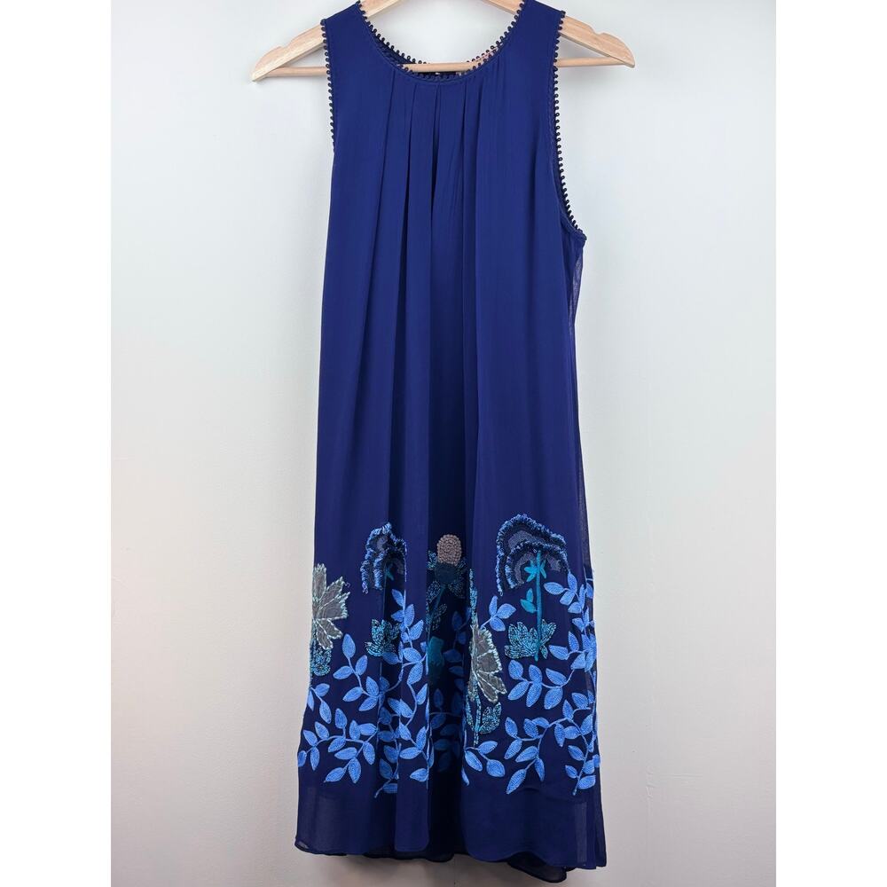 🌊 Anthropologie Not So Serious | Embroidered Beaded Midi Dress | Size 10 | Navy